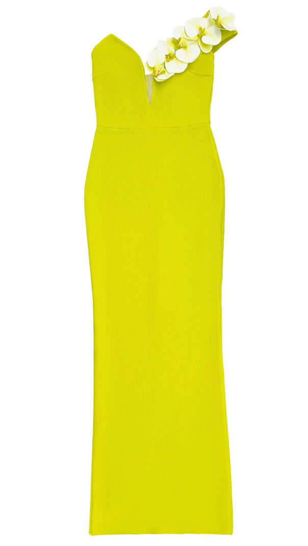 AIIZIE YELLOW-GREEN ONE-SHOULDER FLORAL BANDAGE SPLIT MAXI DRESS - product image