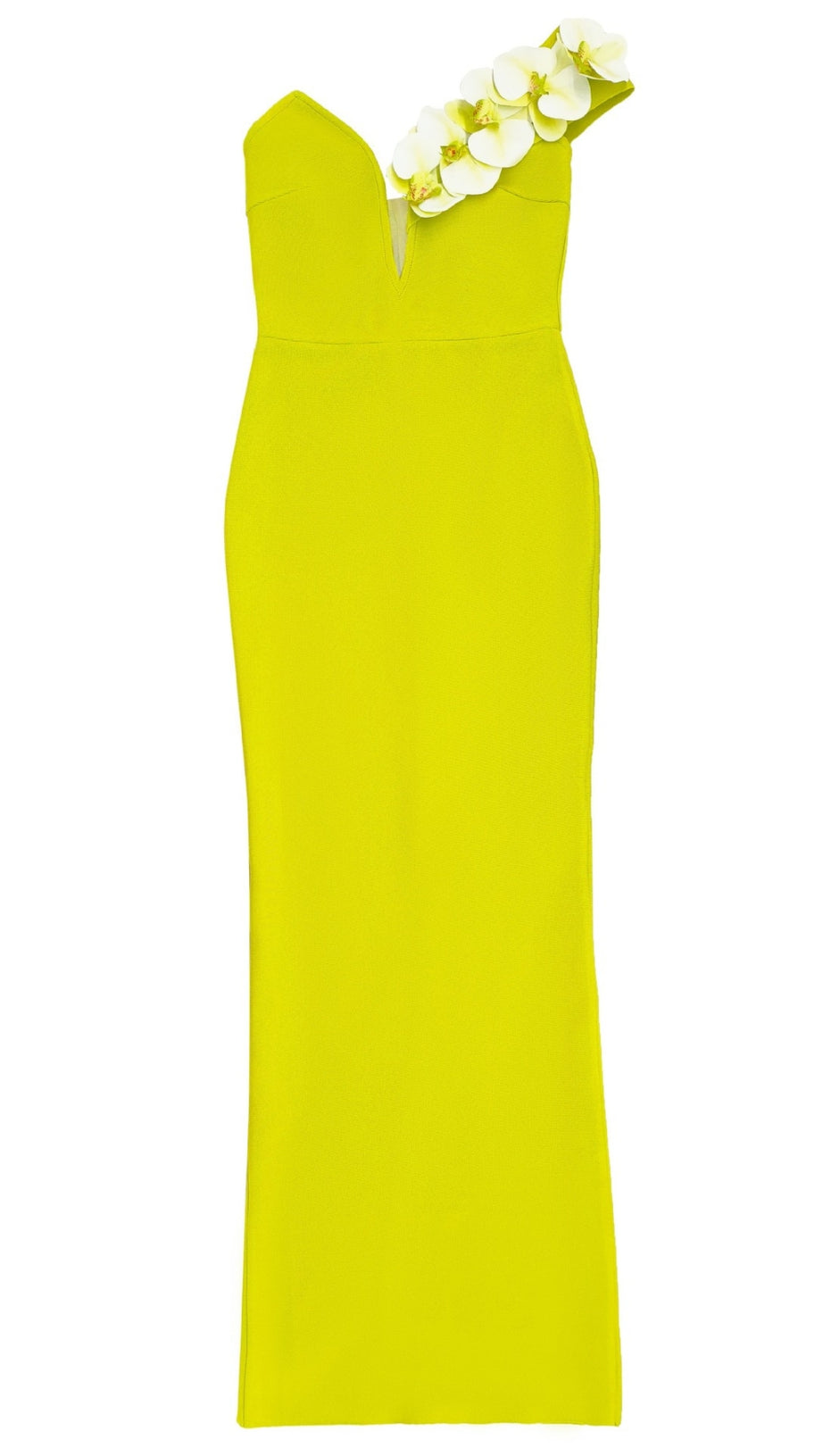 GELBGRÜNES ONE-SHOULDER-MAXIKLEID MIT BLUMENMUSTER UND GESPLITTETEM BANDAGE