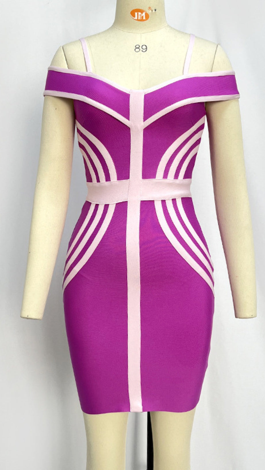 OFF  SHOULDER CONTRAST  TRIM BANDAGE MINI DRESS IN PURPLE
