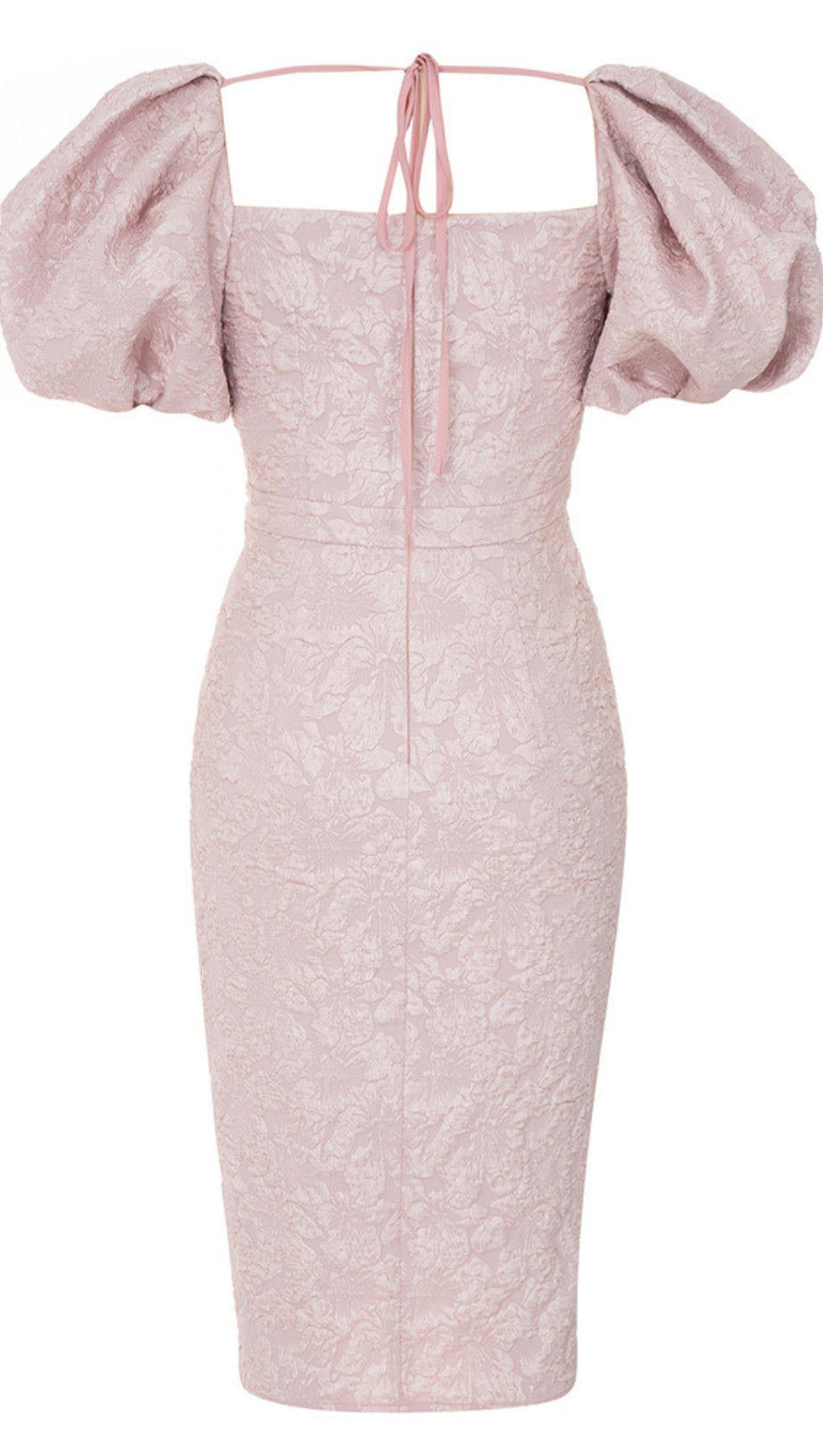 FLORAL - JACQUARD PUFF - SLEEVE SLIT MIDI DRESS IN PINK