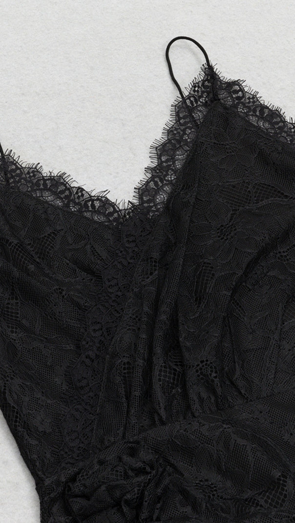 AIIZIE LACE - TRIMMED ASYMMETRIC SLIP MIDI DRESS IN BLACK - product image
