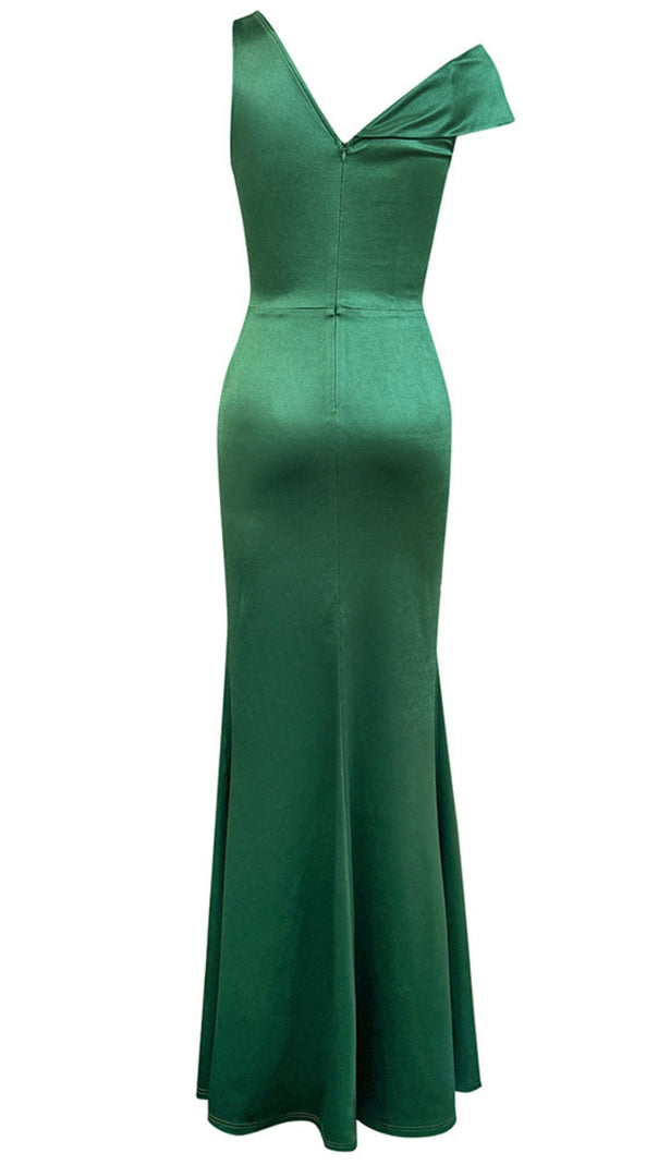 AIIZIE SATIN RUCHED SLIT MAXI DRESS IN GREEN - product image