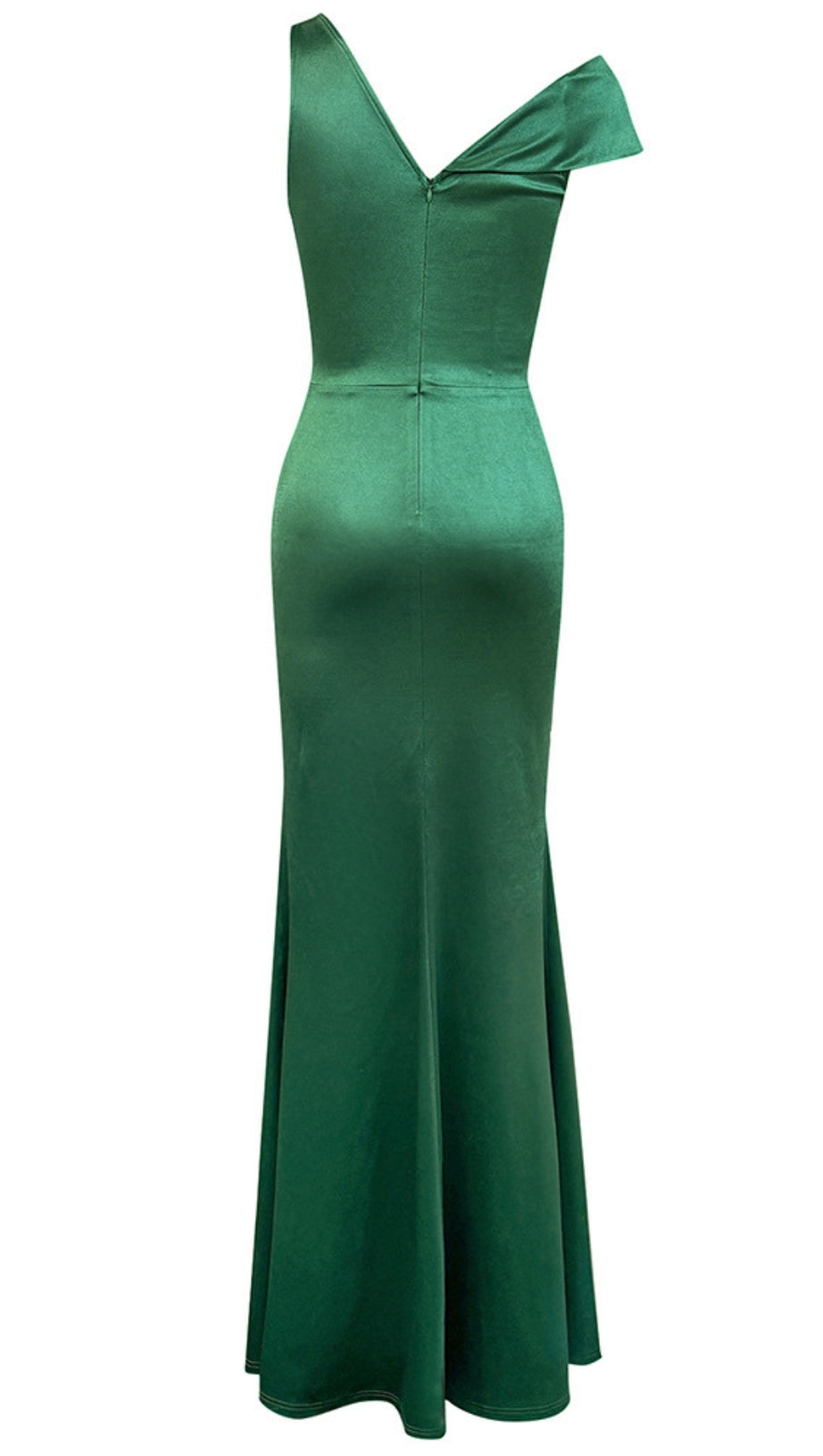 SATIN RUCHED SLIT MAXI DRESS IN GREEN