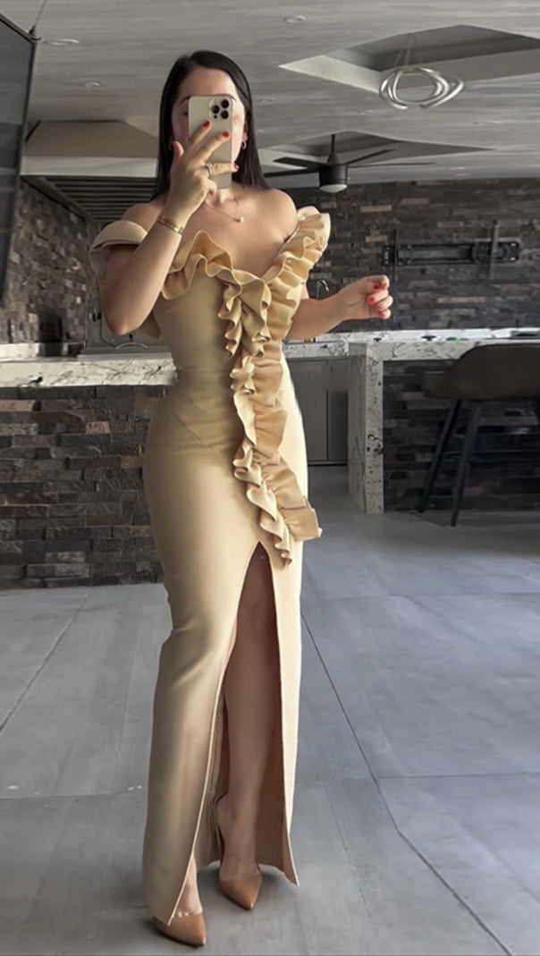 AIIZIE ONE - SHOULDER RUFFLE - TRIMMED SLIT MIDI DRESS IN NUDE PINK - product image