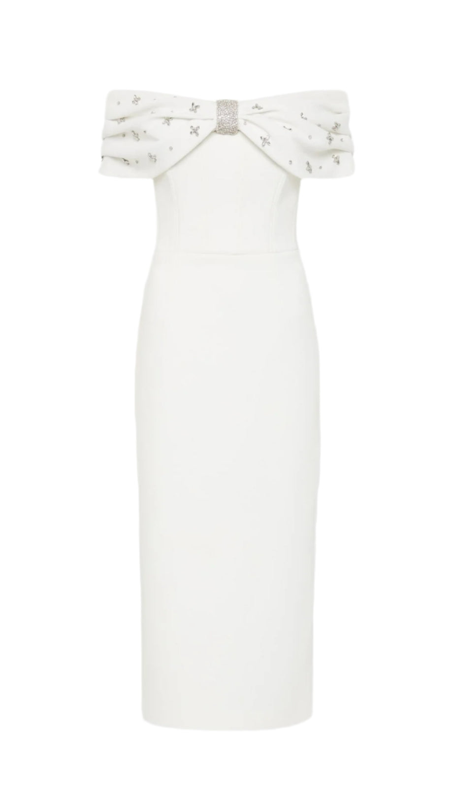 OFF SHOULDER CRYSTAL EMBELLISHED MIDI DRESS
