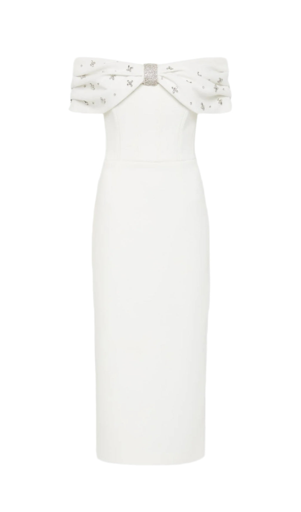 OFF SHOULDER CRYSTAL EMBELLISHED MIDI DRESS