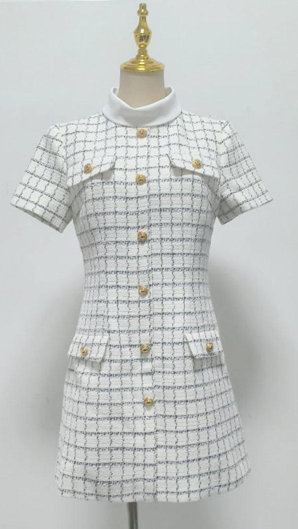 AIIZIE DECORATIVE BUTTONS CHECK MINI DRESS IN WHITE - product image