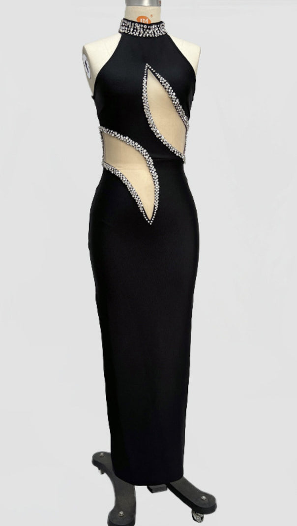 AIIZIE HALTER NECK RHINESTONE CUTOUT MAXI DRESS IN BLACK - product image