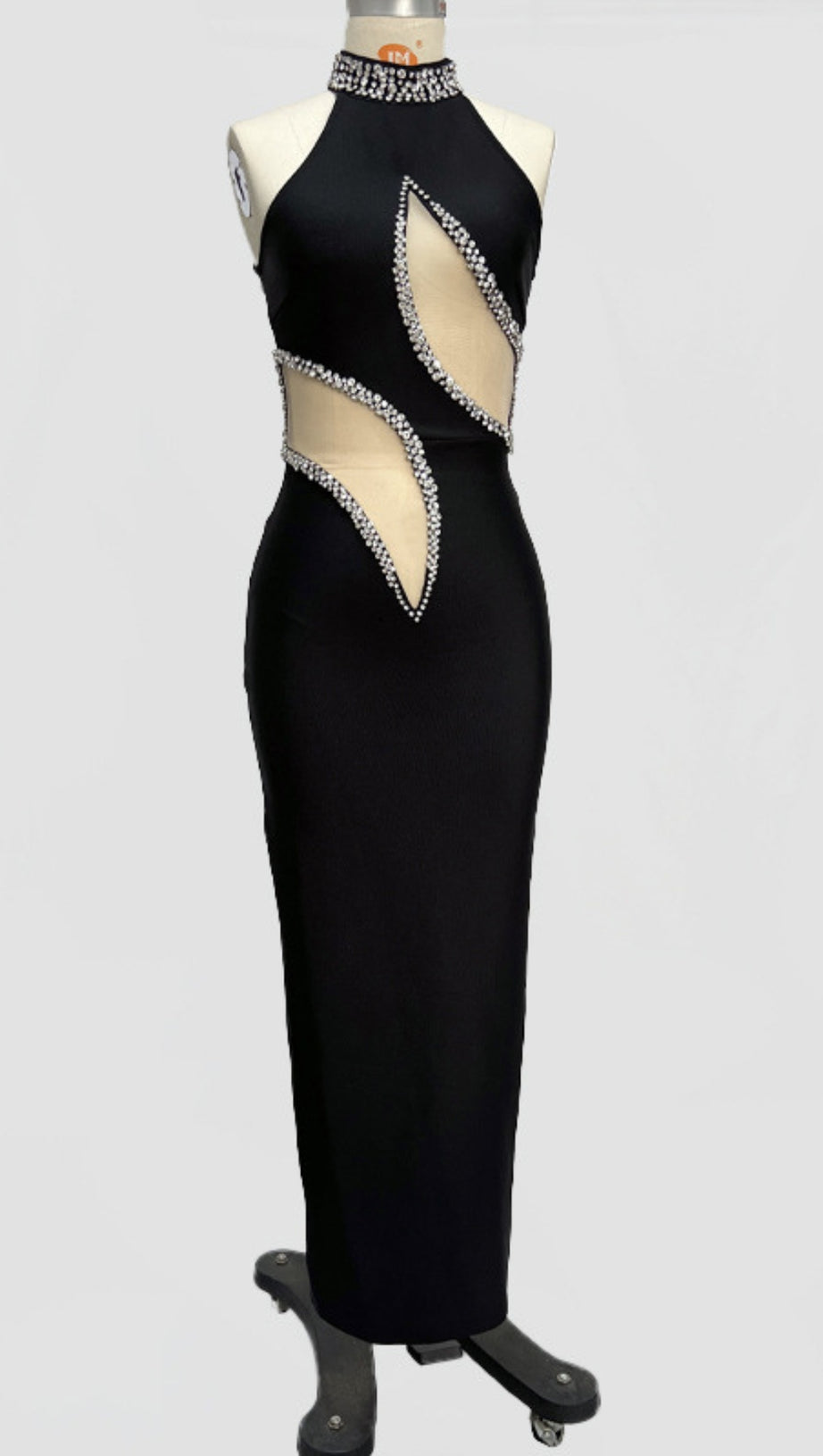 HALTER NECK RHINESTONE CUTOUT MAXI DRESS IN BLACK