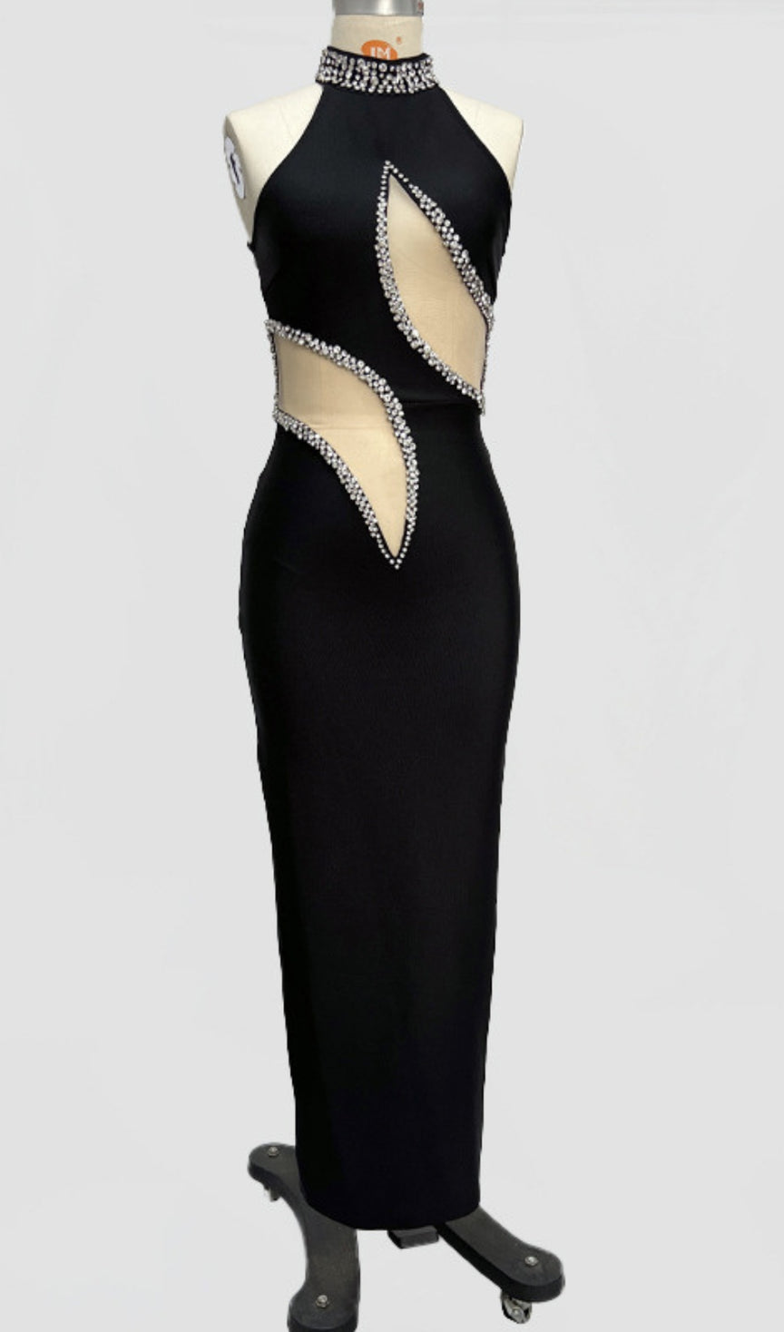 HALTER NECK RHINESTONE CUTOUT MAXI DRESS IN BLACK
