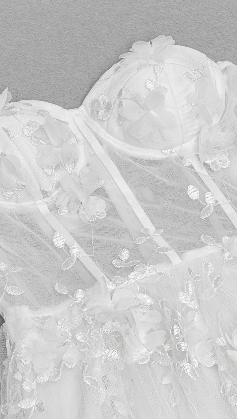 FLORAL - EMBROIDERED SHEER STRAPLESS MAXI DRESS IN WHITE