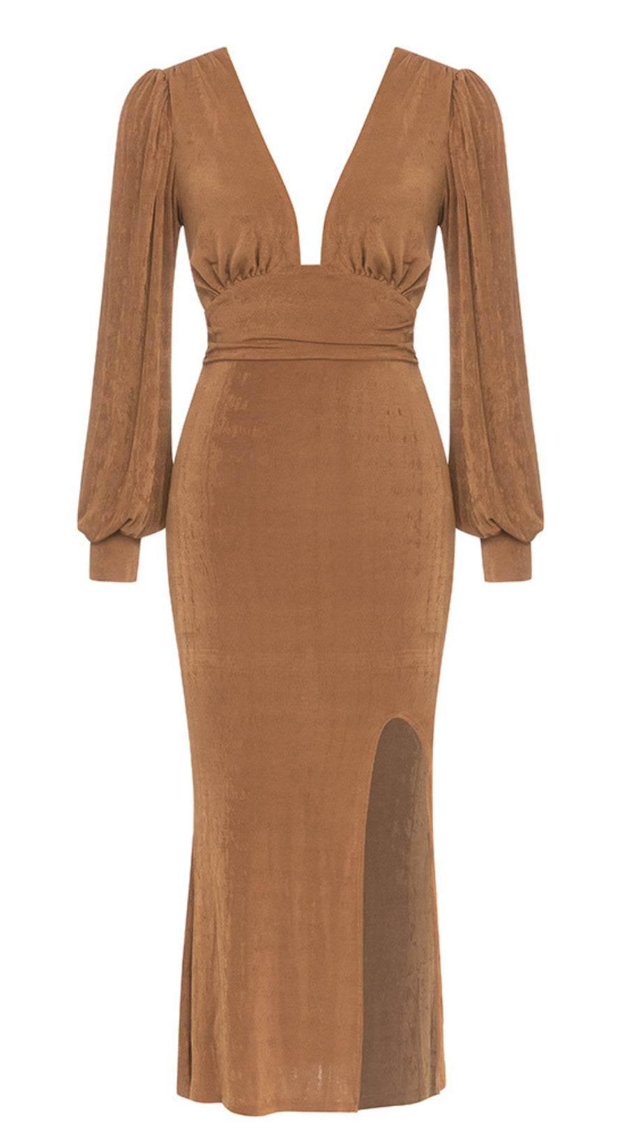 DEEP V - NECK PUFF - SLEEVE SLIT MIDI DRESS IN BROWN