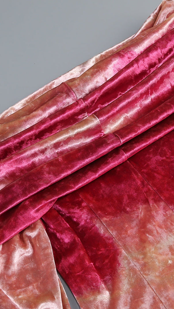 AIIZIE DONNA PINK OFF-SHOULDER PRINT VELVET LONG SLEEVE MIDI DRESS - product image