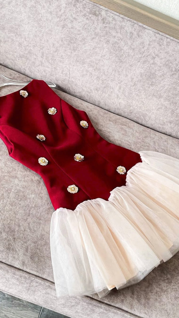 AIIZIE BERYL 3D FLOWER PATCHWORK TULLE MINI DRESS IN RED - product image