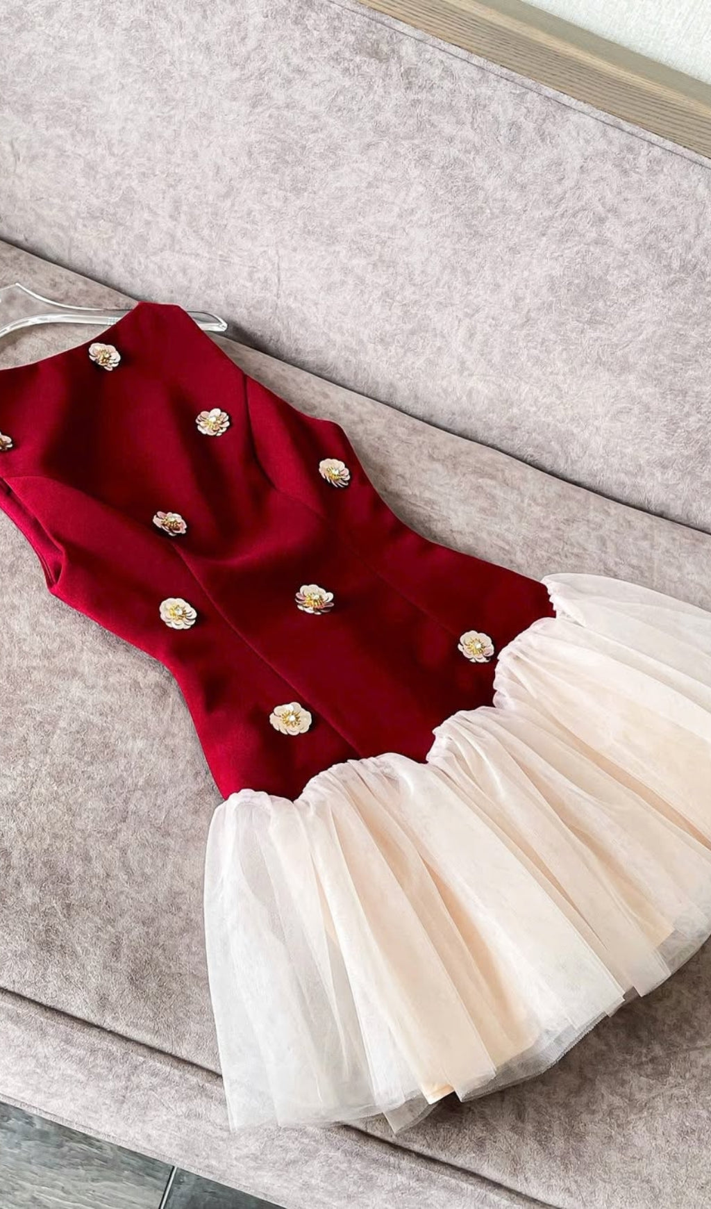 AIIZIE BERYL 3D FLOWER PATCHWORK TULLE MINI DRESS IN RED - product image