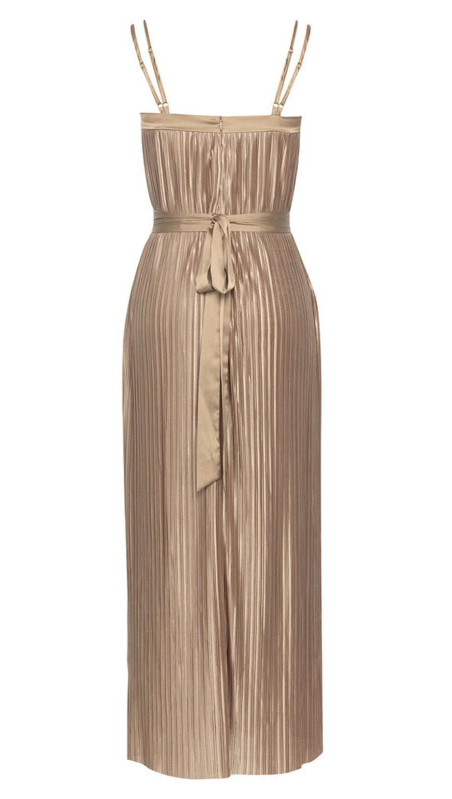 STRAPLESS PLEATED BELTED MAXI DRESS IN CHAMPAGNE