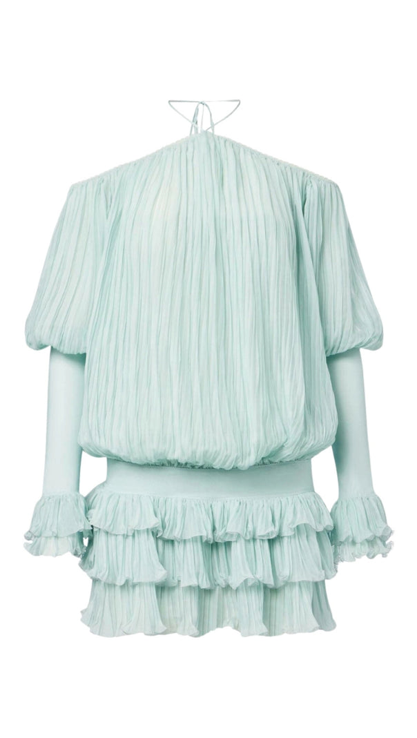 AIIZIE HALTER PLEATED RUFFLE MINI DRESS IN GREEN - product image