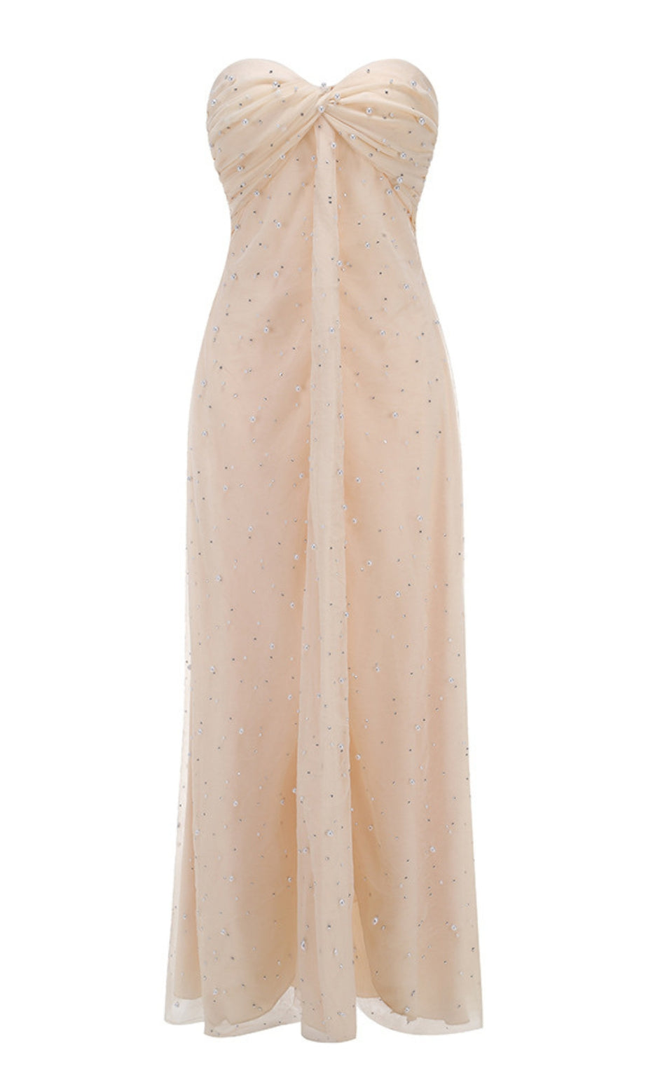 ABITO LUNGO SENZA SPALLINE CON STRASS BEIGE CHIARO E DECORAZIONI 