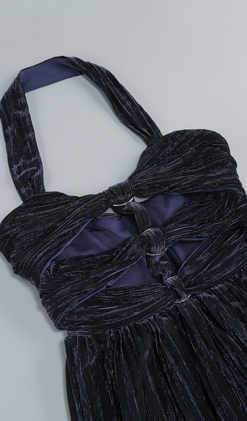 AIIZIE ELEGANT NAVY HALTER PLEATED MAXI DRESS CUTOUT WAIST GOWN - product image