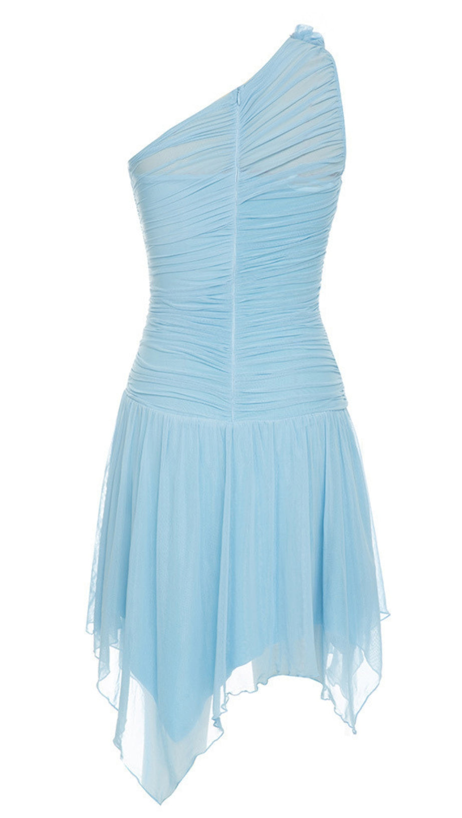ONE - SHOULDER FLOWER - ACCENT ASYMMETRIC MESH DRESS IN LIGHT BLUE