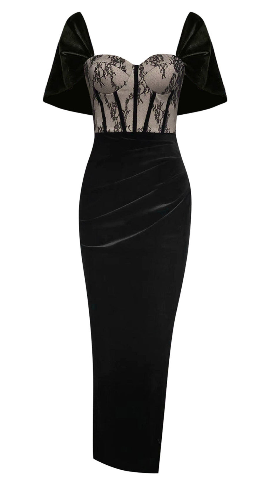 VELVET LACE - PANELED BOW - SLEEVE MIDI DRESS IN BLACK