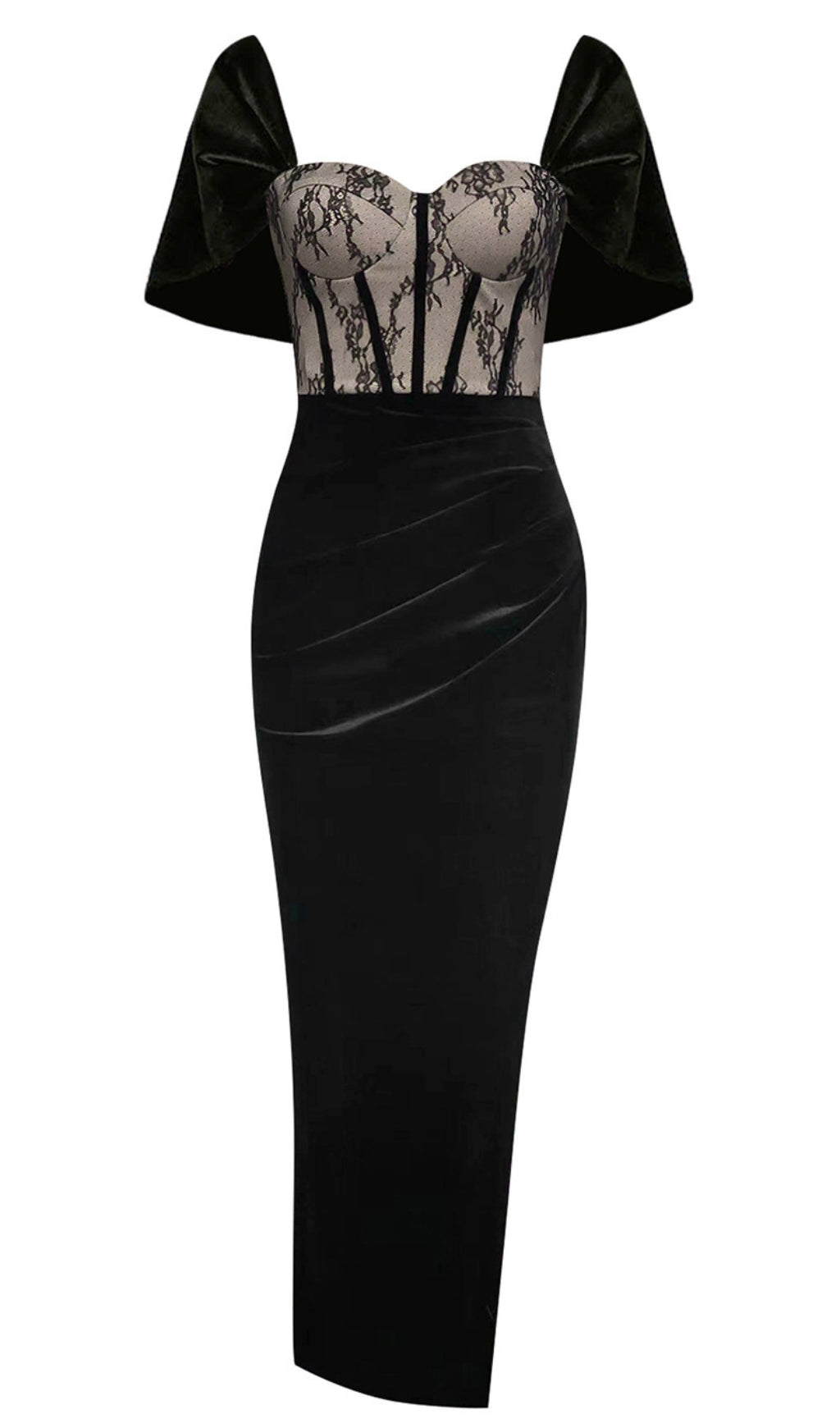 Midikleid aus Samtspitze mit Bahnen und Schleife in Schwarz