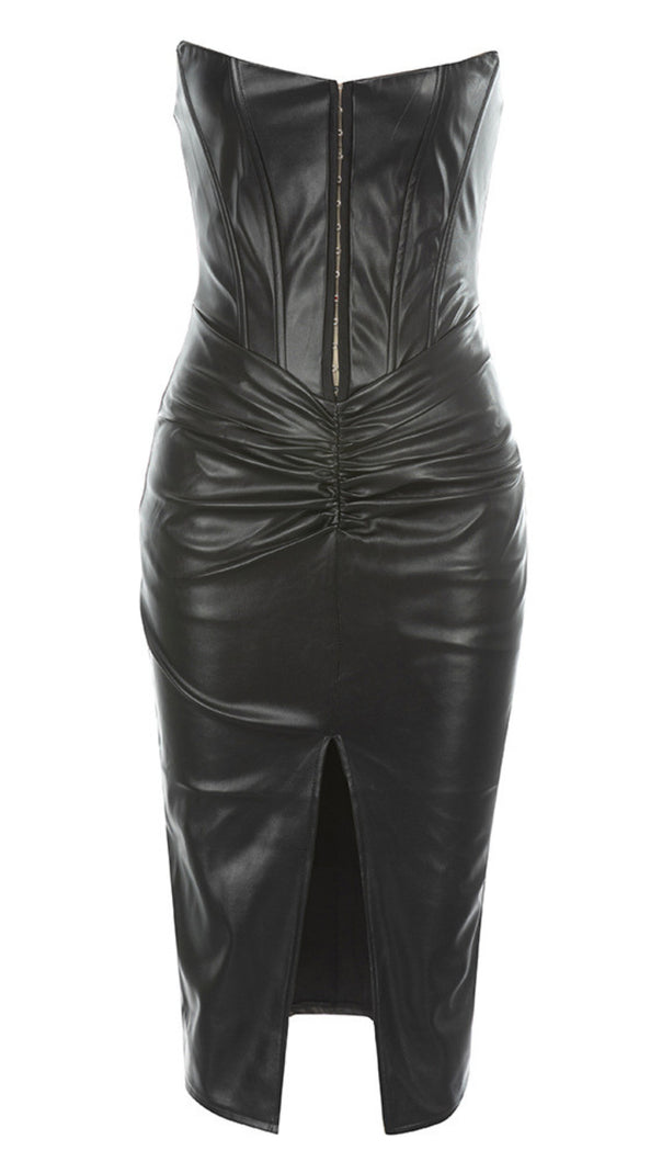 AIIZIE STRAPLESS LEATHER RUCHED SLIT MIDI DRESS IN BLACK - product image