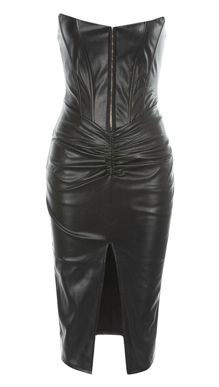 Trägerloses Midikleid aus Leder mit Rüschen und Schlitz in Schwarz 