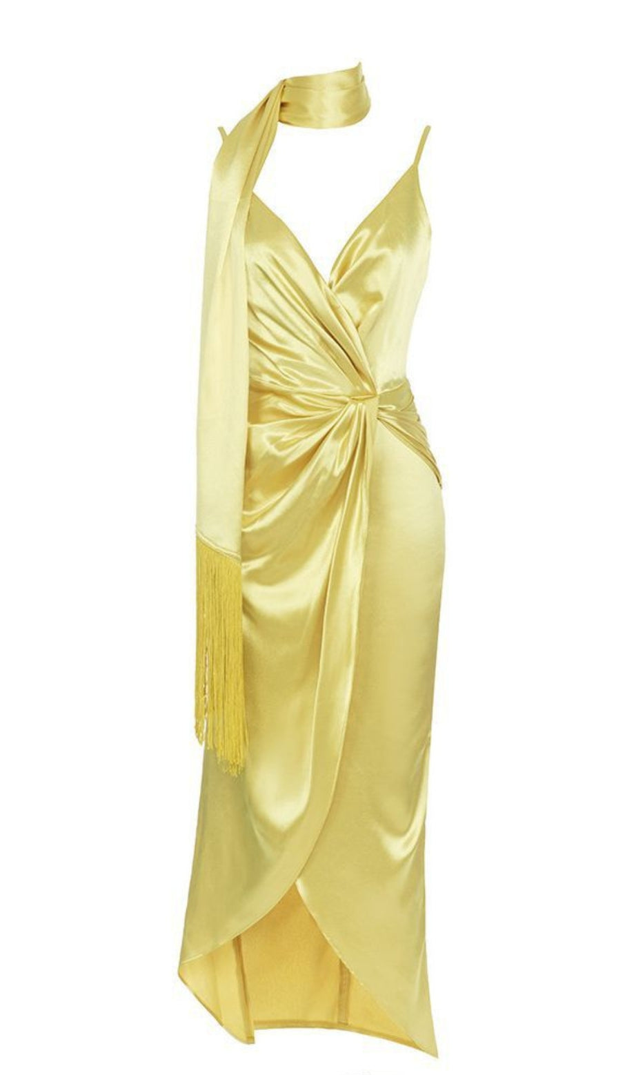 Neckholder-Midikleid mit Fransen und Wickeldesign in Gold