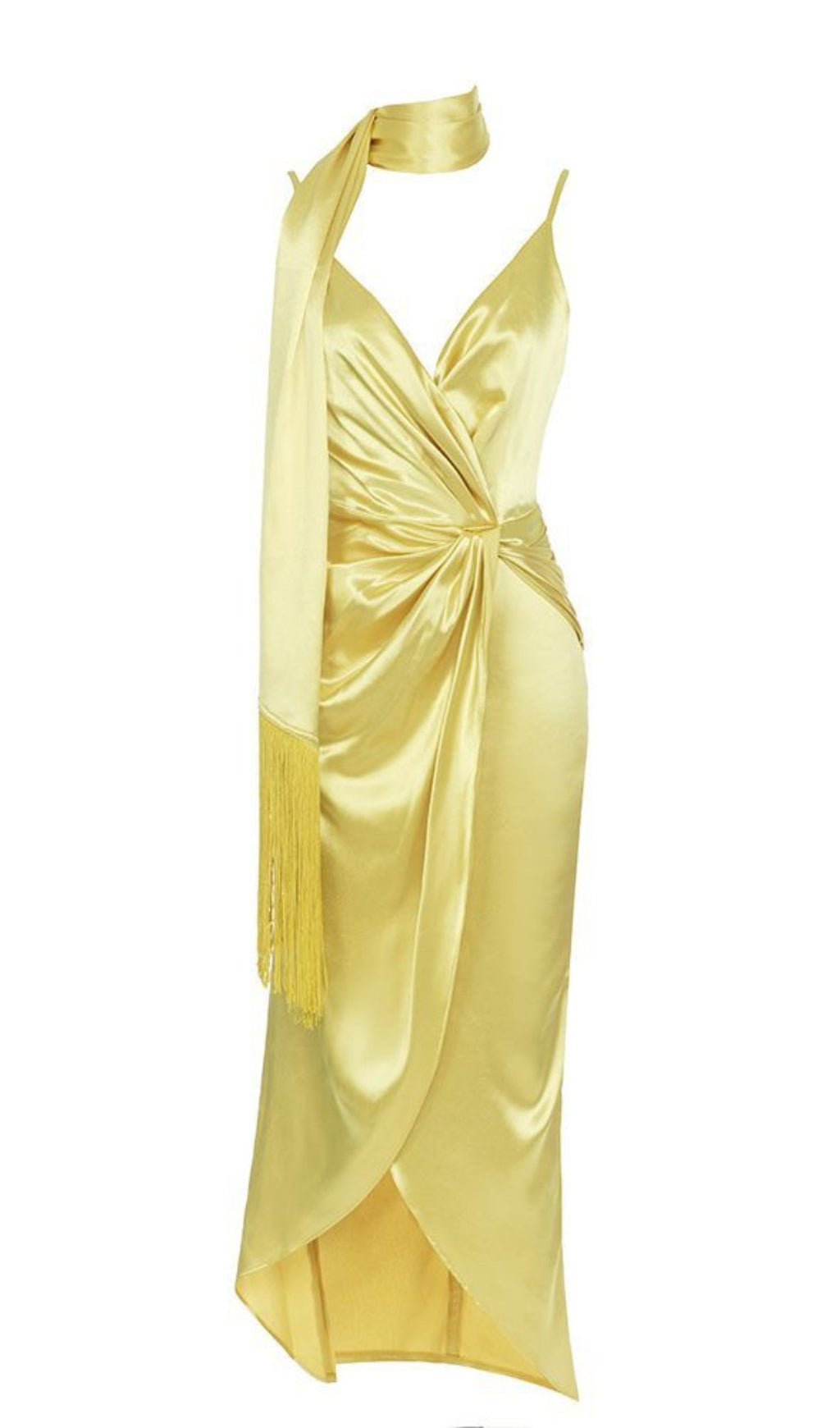 HALTER NECK FRINGED WRAP MIDI DRESS IN GOLD
