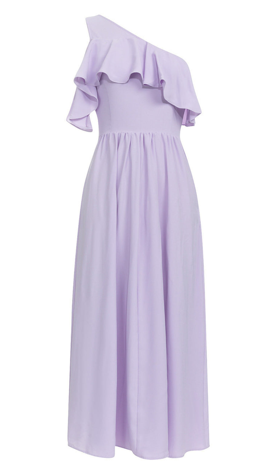 Abito midi monospalla con volant color lavanda