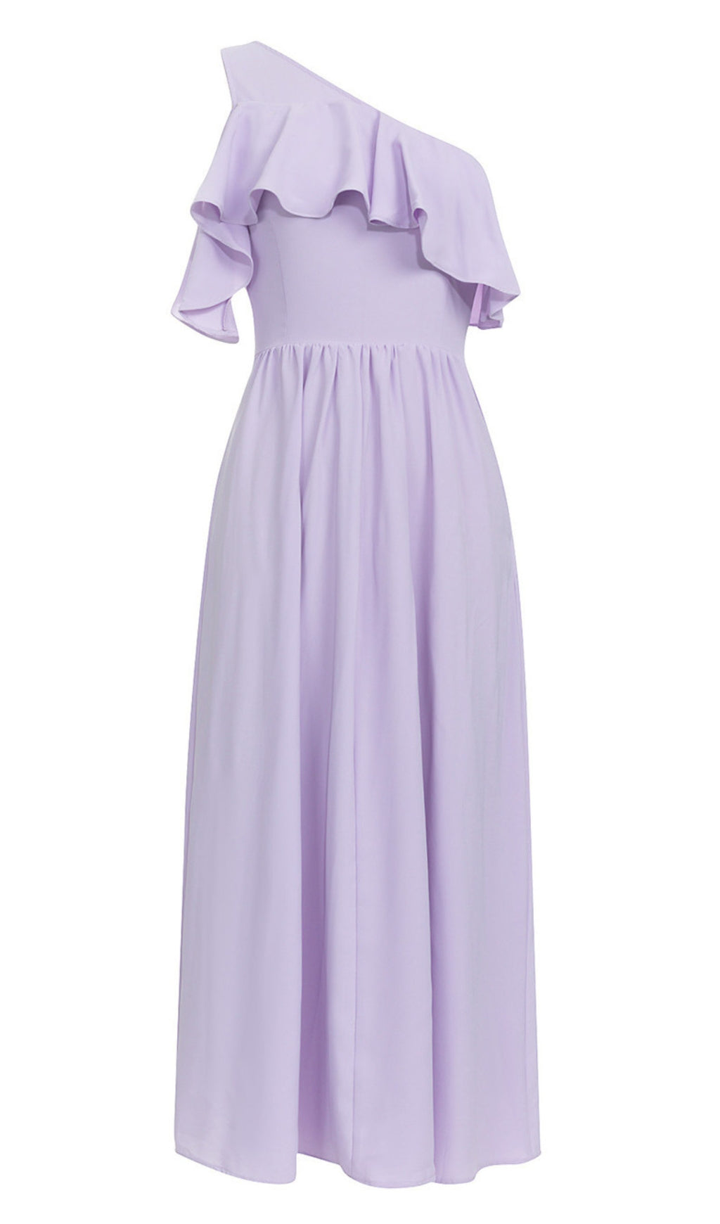 ONE - SHOULDER RUFFLED MIDI DRESS IN LAVENDER