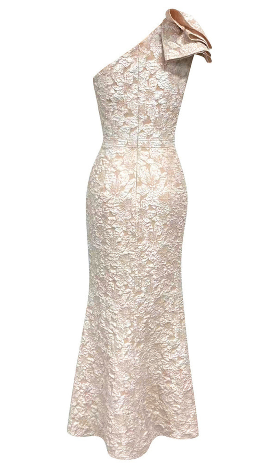 ONE - SHOULDER RUFFLE - DETAIL MIDI DRESS IN BEIGE BROCADE