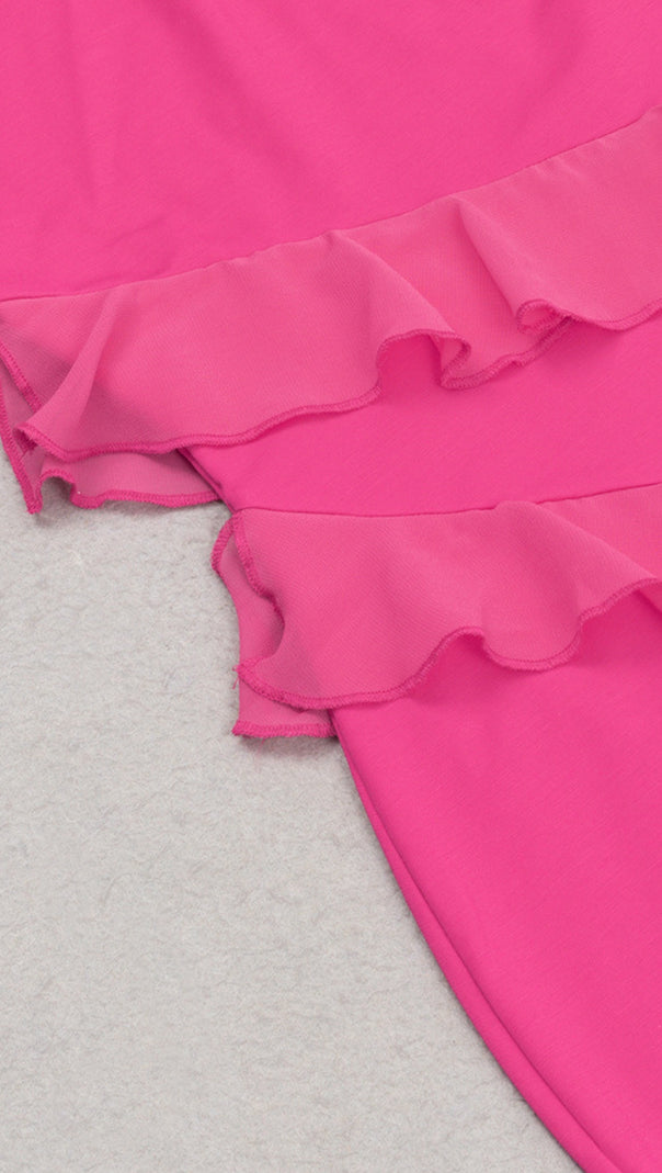 AIIZIE HALTER NECK ASYMMETRIC RUFFLED MIDI DRESS IN PINK - product image