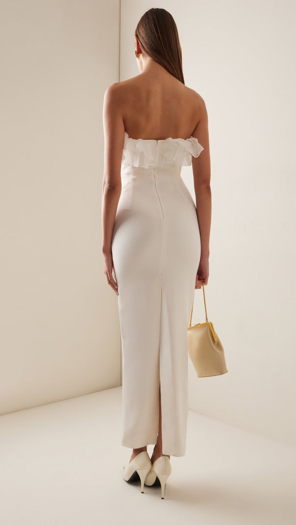 AIIZIE RUFFLED SILK STRAPLESS MIDI DRESS IN BEIGE - product image