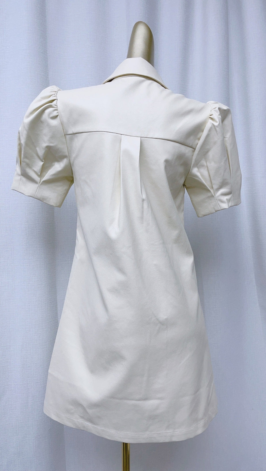 WHITE LAPEL COLLAR LEATHER PUFF SLEEVES MINI DRESS