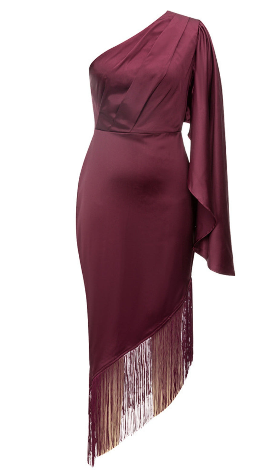 Abito midi in raso con frange e orlo monospalla color bordeaux 