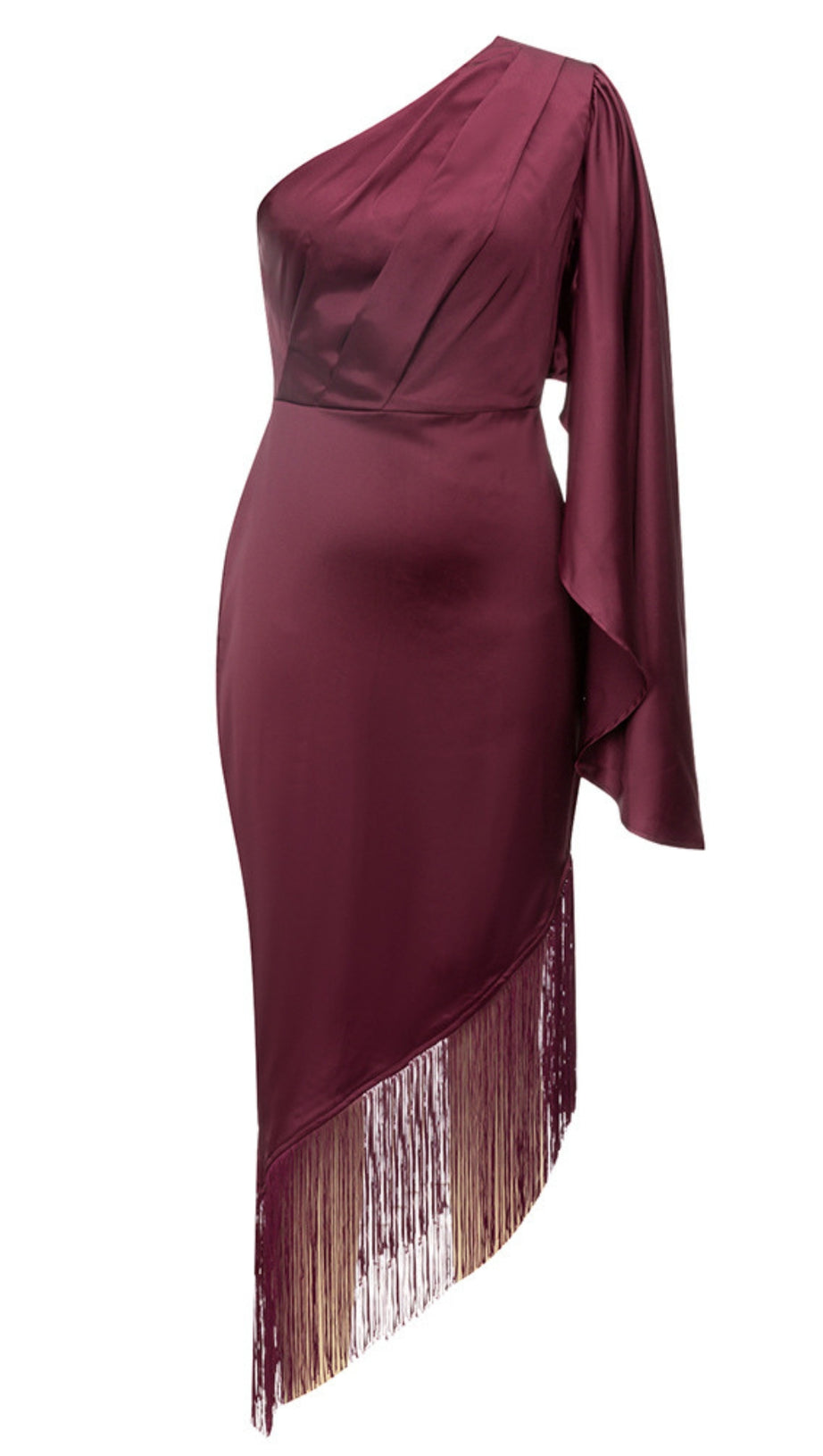 ONE - SHOULDER FRINGE - HEM SATIN MIDI DRESS IN BURGUNDY