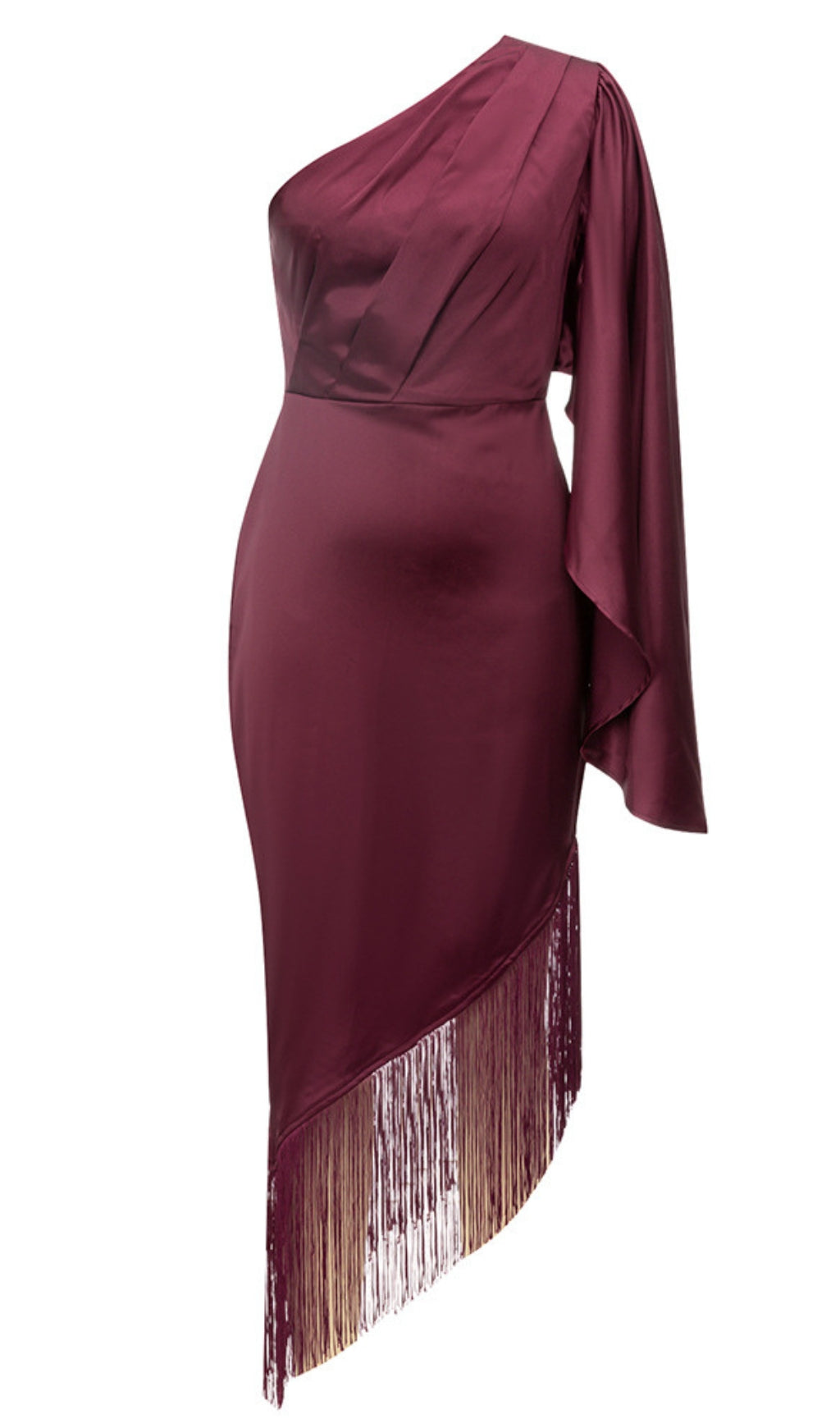 ONE - SHOULDER FRINGE - HEM SATIN MIDI DRESS IN BURGUNDY