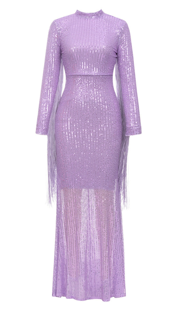AIIZIE SEQUIN HIGH - NECK FRINGE - SLEEVE MAXI DRESS IN LILAC - product image