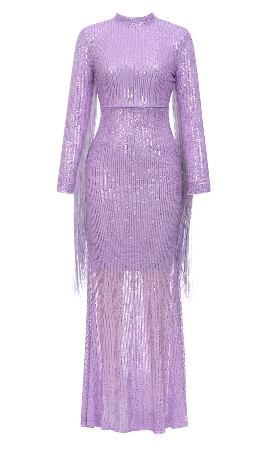 Sequin High - Neck Fringe - Sleeve Maxi Dress in Lilac