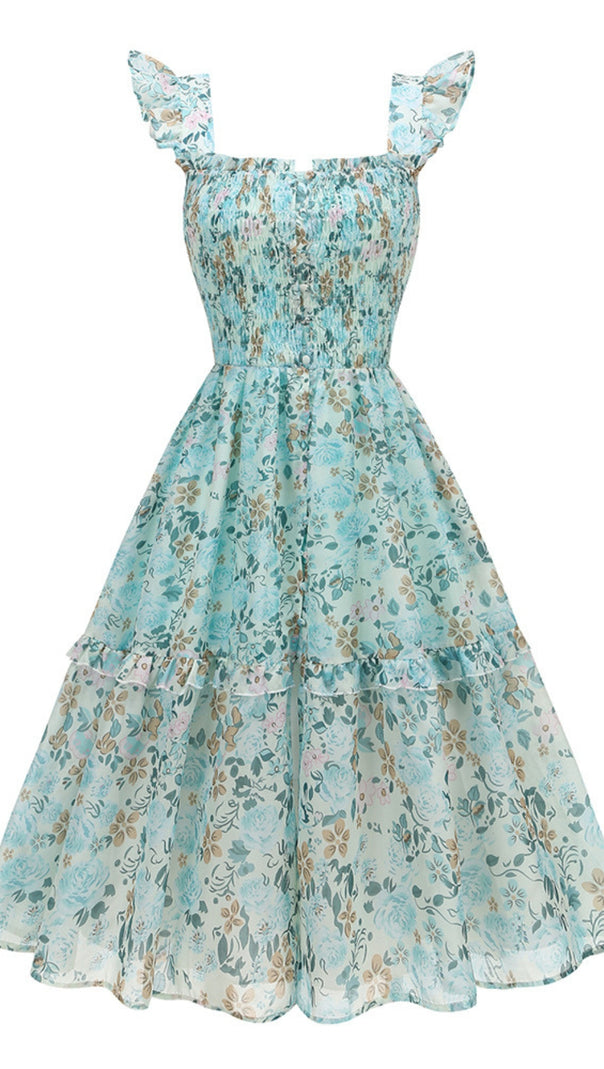 AIIZIE BLUE FLORAL RUFFLED SQUARE NECK MIDI DRESS - product image