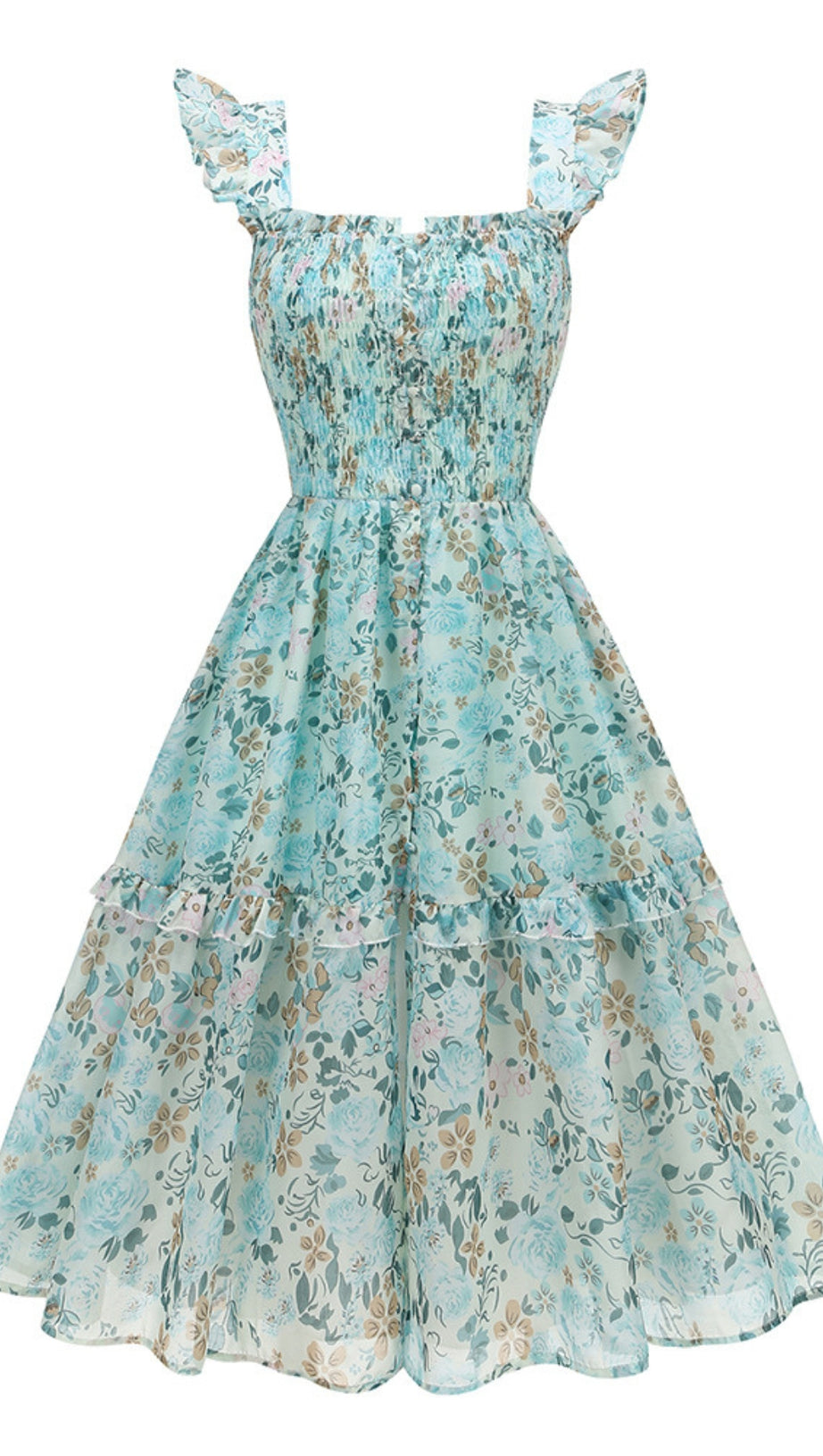 Blaues Midikleid mit Blumenmuster und Rüschen und quadratischem Ausschnitt 