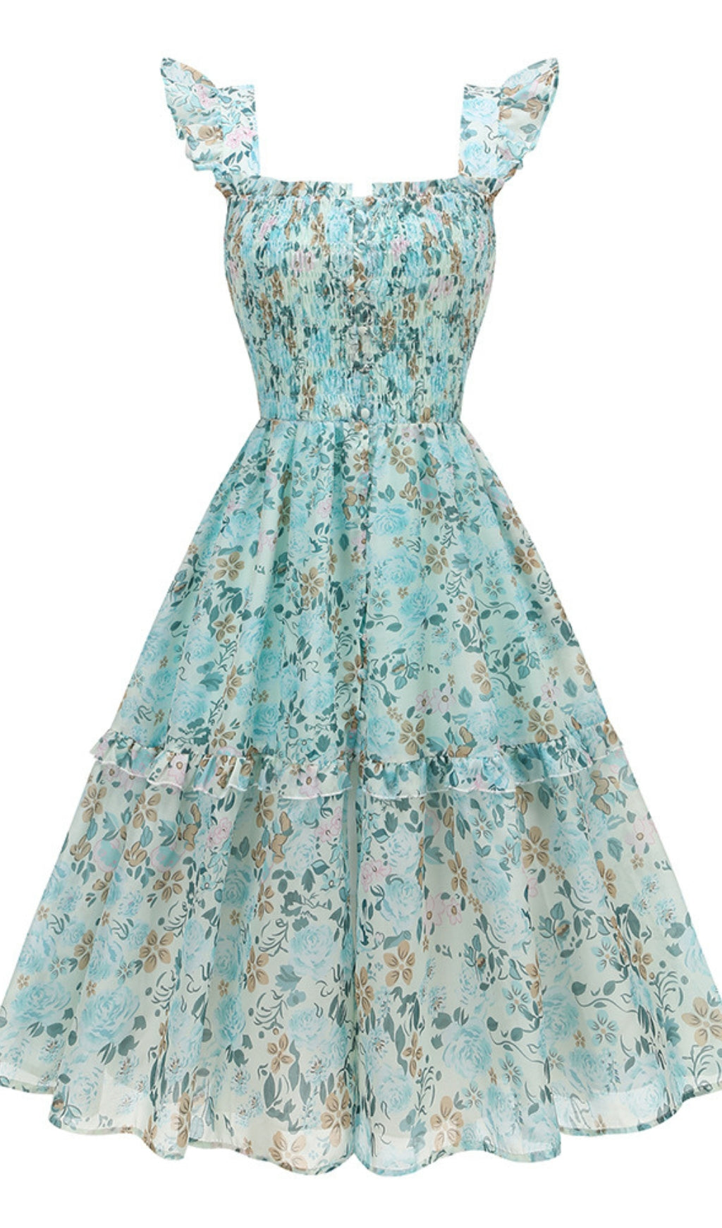 Blaues Midikleid mit Blumenmuster und Rüschen und quadratischem Ausschnitt 