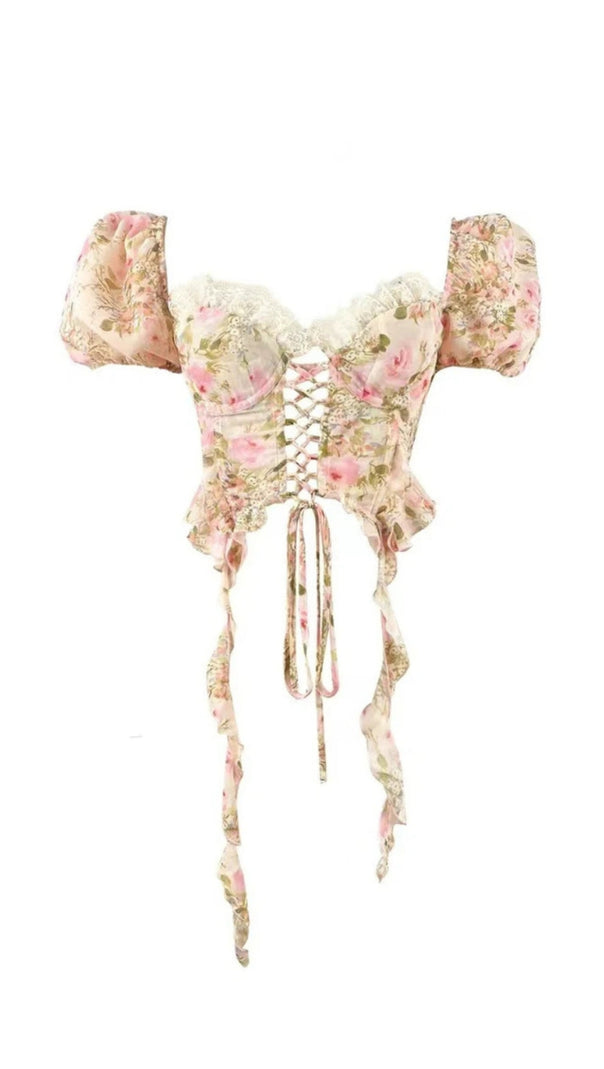 AIIZIE PINK TIE-DRAPE CHIFFON SHIRT WITH RUFFLED PUFF SLEEVES - product image
