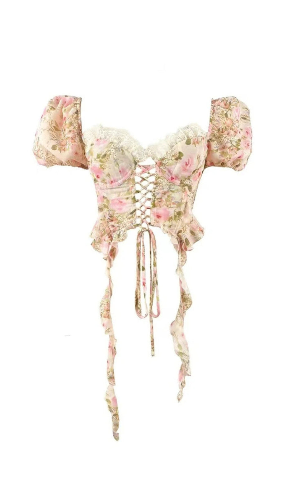 pink Tie-Drape Chiffon Shirt with Ruffled Puff Sleeves