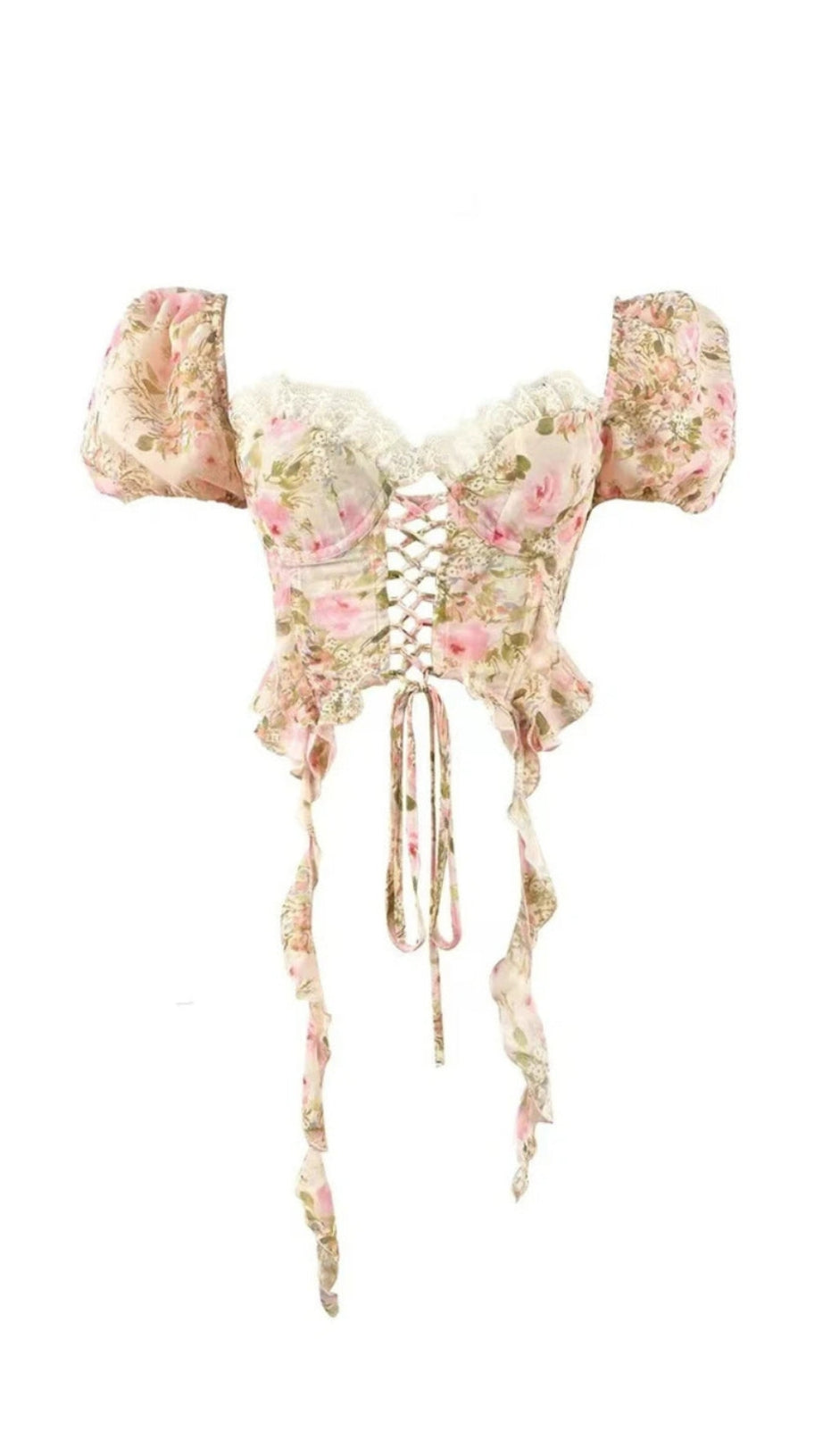 PINK TIE-DRAPE CHIFFON SHIRT WITH RUFFLED PUFF SLEEVES
