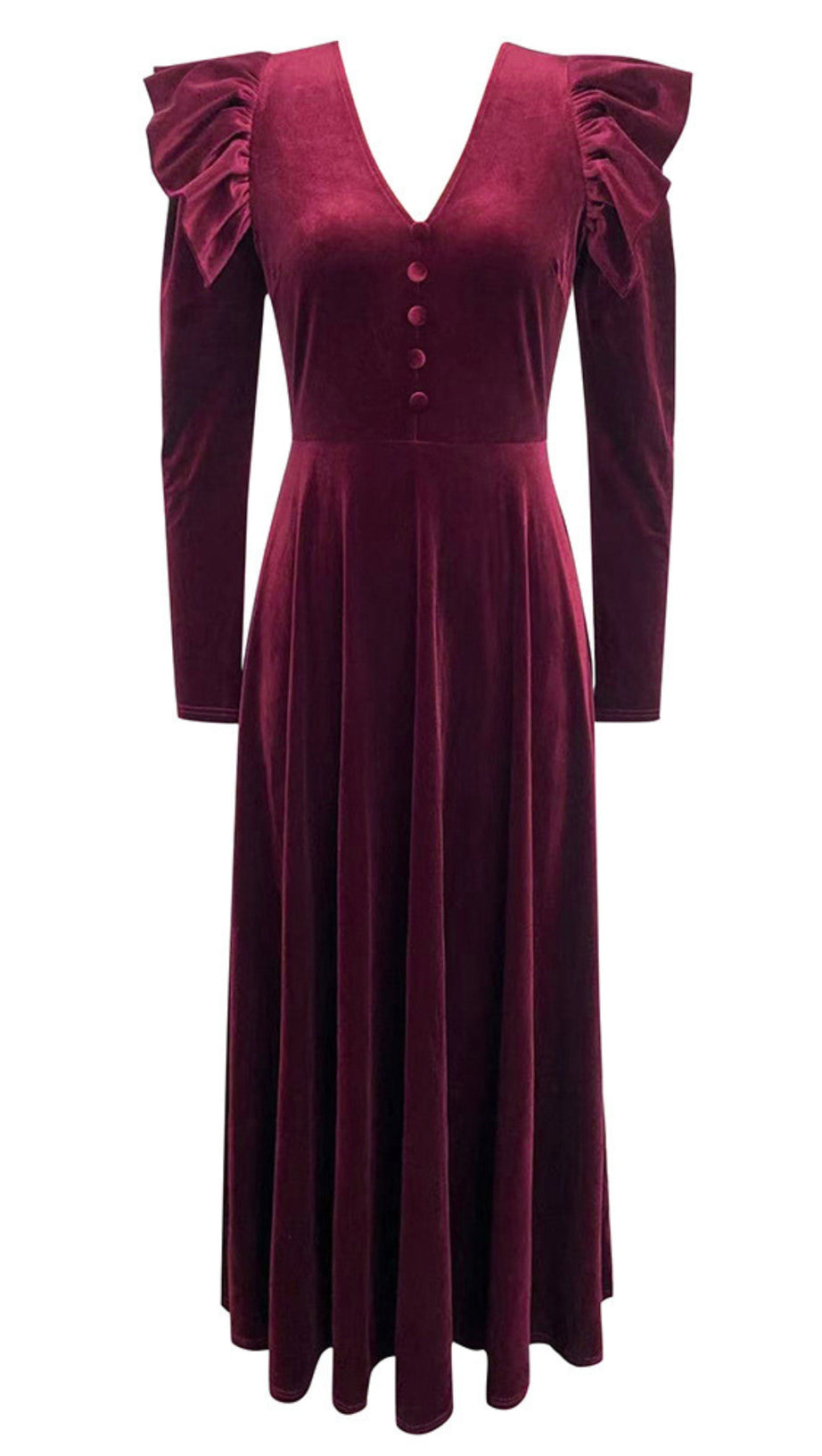 VELVET RUFFLED SLEEVE BUTTON - FRONT MAXI DRESS IN DARK RED