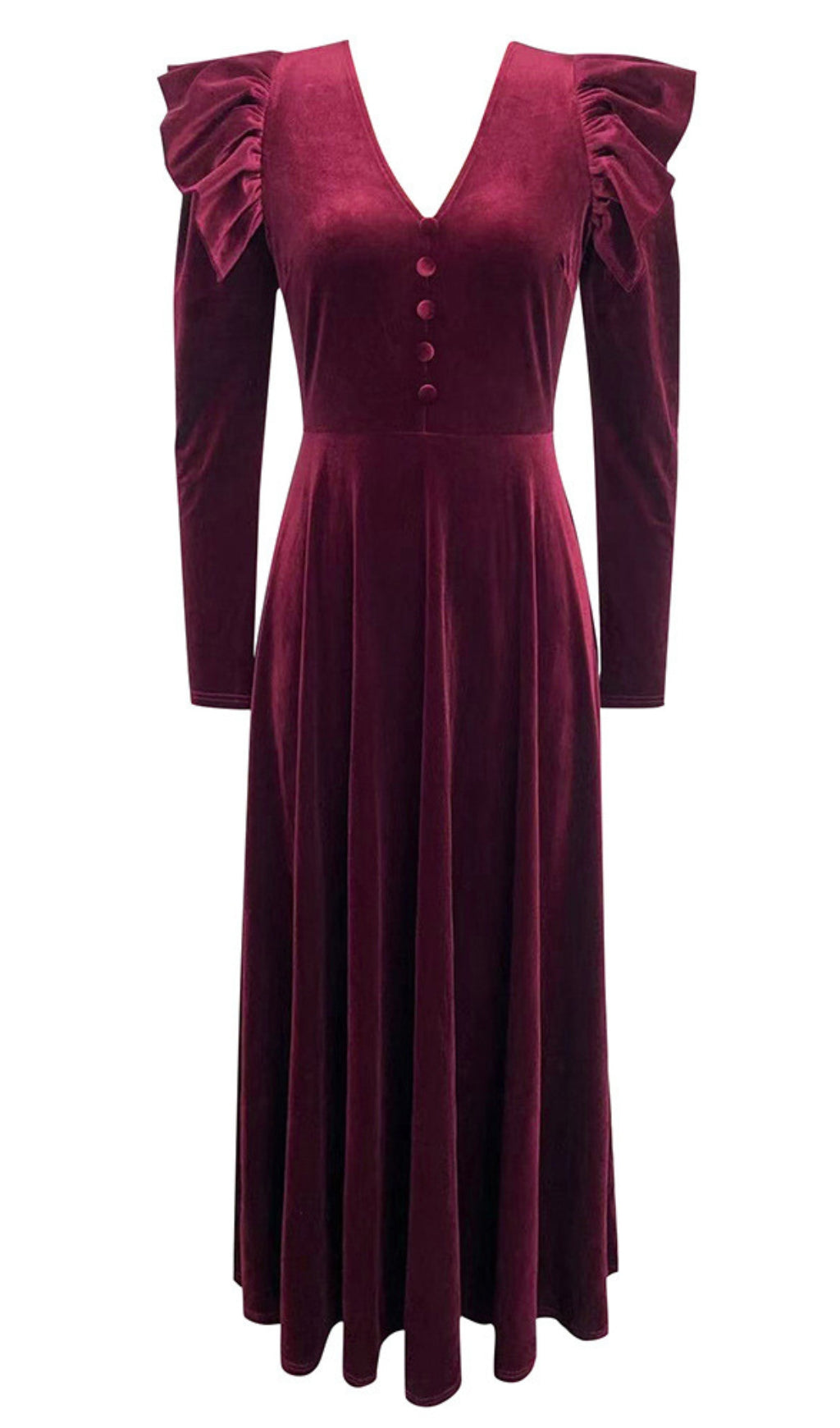 VELVET RUFFLED SLEEVE BUTTON - FRONT MAXI DRESS IN DARK RED