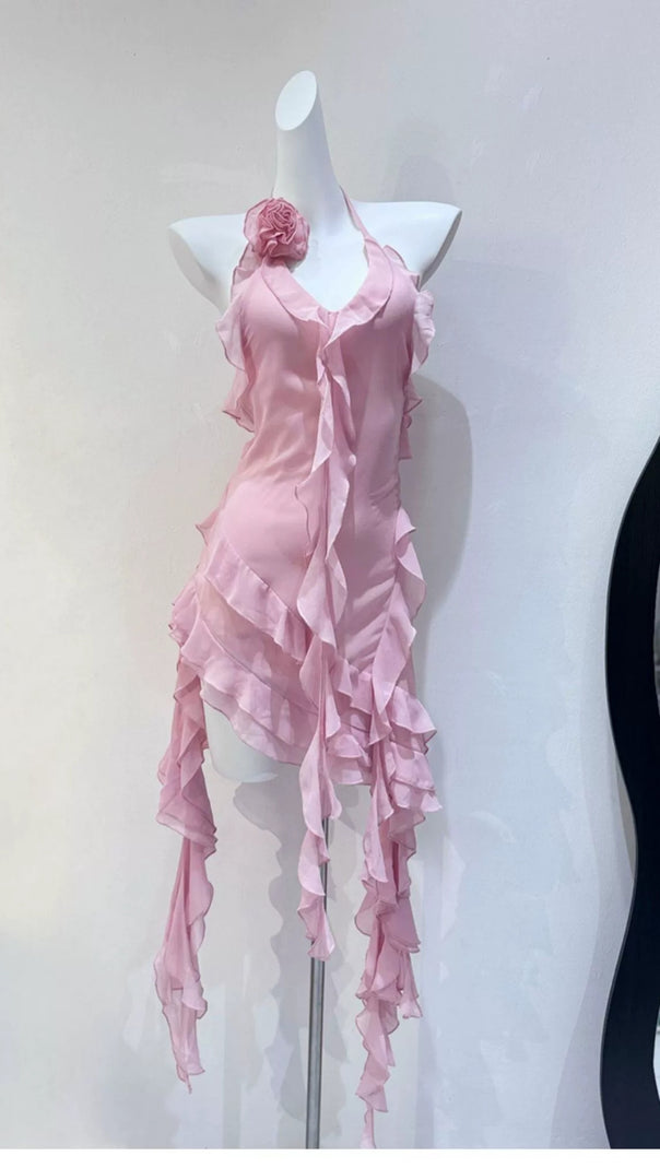 AIIZIE PINK RUFFLED HALTER NECK MINI DRESS - product image